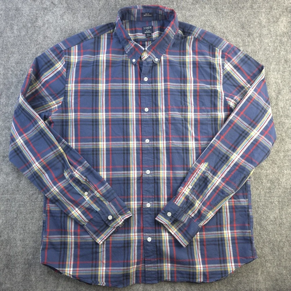 J Crew Flex Washed Shirt 2XL Slim Untucked Blue Plaid Long Sleeve Button Down